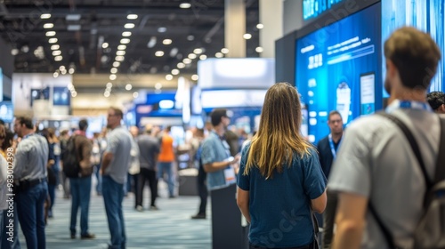 A vibrant tech expo buzzes with activity as attendees engage near information booths, exploring banners and displays showcasing the latest innovations