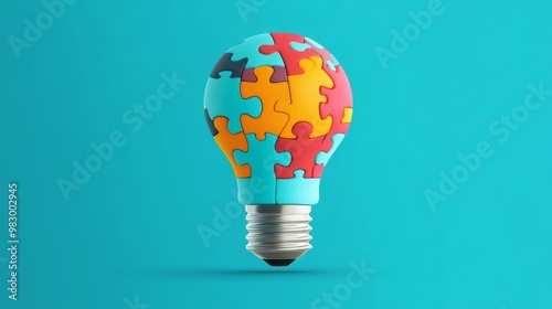 Light bulb with puzzle pieces, solving problems leading to growth, flat design illustration