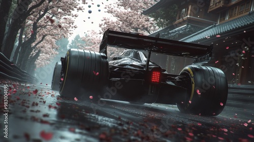 Futuristic Formula One car racing through a misty forest, adorned with cherry blossoms and traditional architecture. Hyper-realistic photography capturing speed and details. 