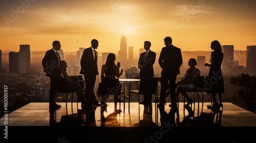 Silhouettes of elegantly dressed business professionals engaging in conversation on a rooftop terrace at sunset with a city skyline in the background.