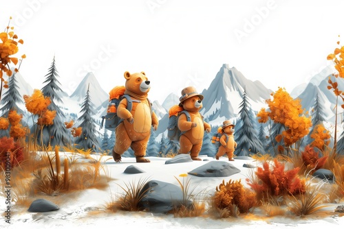 Toy bear tourists have a hiking trip in the mountain area. Animal family walks with backpacks flat cartoon illustration