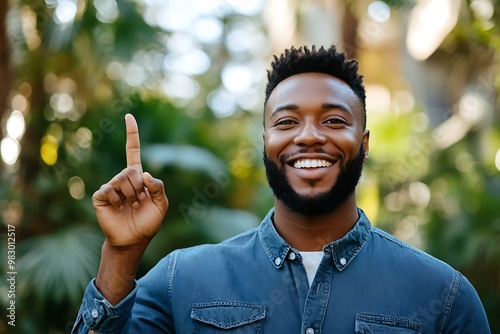 Young man smiling and pointing up with index finger