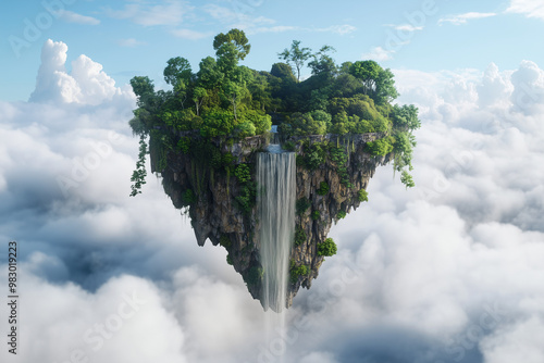 Magical floating island with a waterfall cascading into clouds below, symbolizing fantasy and limitless imagination.