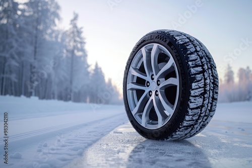 Brand new snow tires exhibited against wintry background