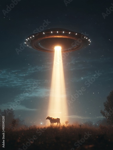 A cow stands in a field beneath a UFO with a bright beam of light illuminating the night sky