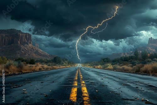 Dramatic lightning strike over deserted road amidst stormy skies