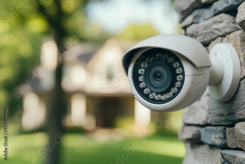 Close-up of a security camera mounted on an exterior wall with a blurred house and greenery in the background, representing home security.