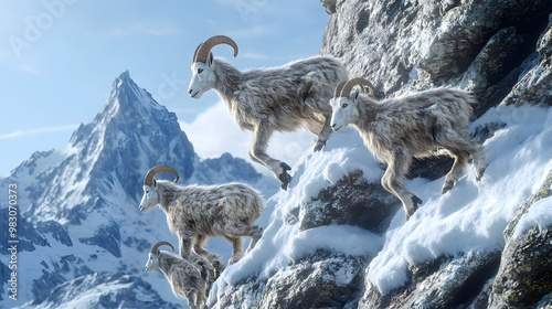 Mountain Goats Climbing a Snowy Slope