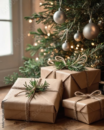 Three brown boxes with ribbons tied to them are sitting under a Christmas tree. Christmas, Christmas tree