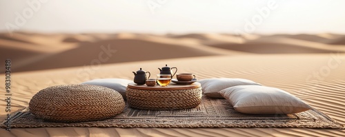 A serene desert scene featuring a cozy seating area with tea, cushions, and a beautiful sunset in the backdrop.