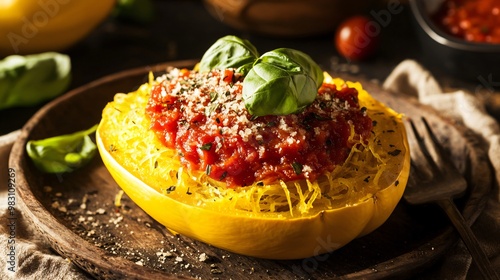 Spaghetti squash with marinara sauce and fresh basil, isolated on a rustic wooden plate