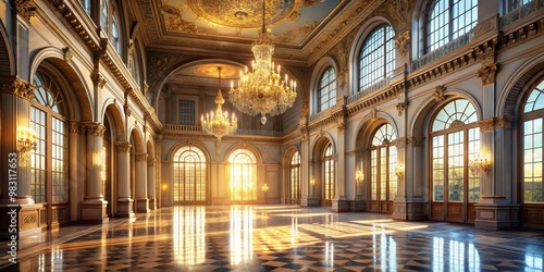 Golden Palace Interior with Chandelier and Sunlight, Interior Design , Palace Architecture