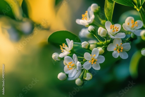 Orange tree blooms - white calamondin citrus petals and buds. Fragrance of orange blossoms. Lovely neroli aroma. Stunning image of azahar flowers