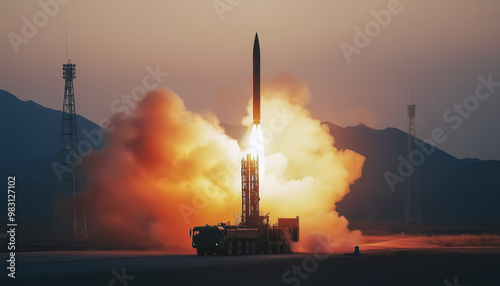 ICBM ballistic missile being launched at remote location military test base. Large transportation vehicle near. Generative AI