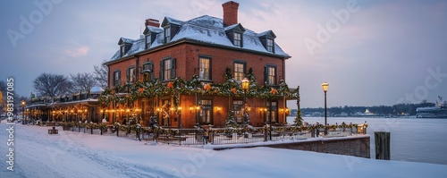 A historic brick inn located on a snowy waterfront, its facade adorned with festive lights and greenery, offering warm, welcoming lodgings for winter travelers