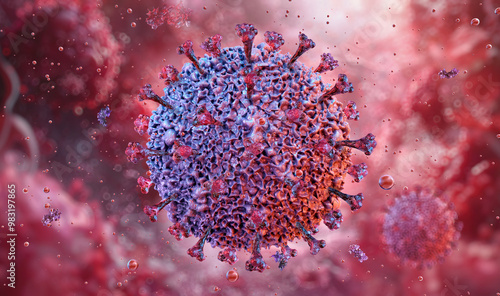 Epstein-Barr DNA herpes virus infecting a B lymphocyte, electron micrograph. EBV, herpesvirus 4 cell, can cause infectious mononucleosis disease. Human health, virology science medical 3D illustration