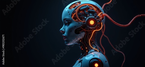 A futuristic humanoid robot with intricate circuitry and glowing elements, showcasing advanced technology and artificial intelligence concepts.