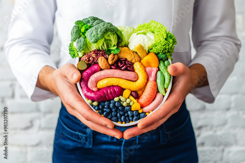 A man holding a plate of healthy food, surrounded by visual elements representing digestive health and gut flora