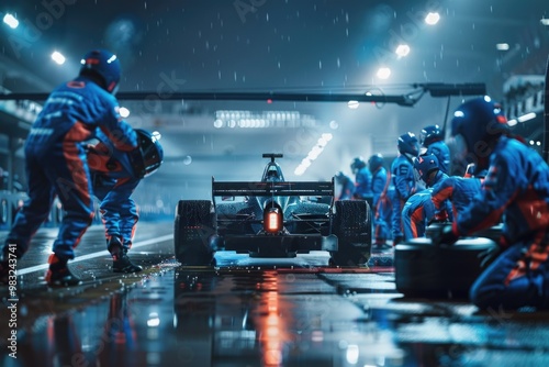 A group of mechanics working together to tune up and prepare a high-performance racing car for competition