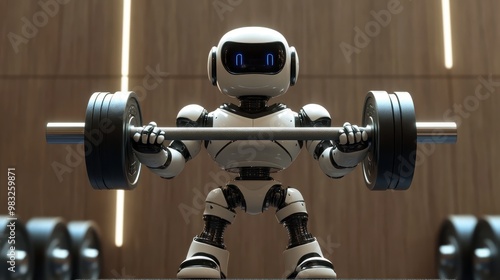 A small, white robot is lifting a barbell in a gym, demonstrating its strength and capabilities