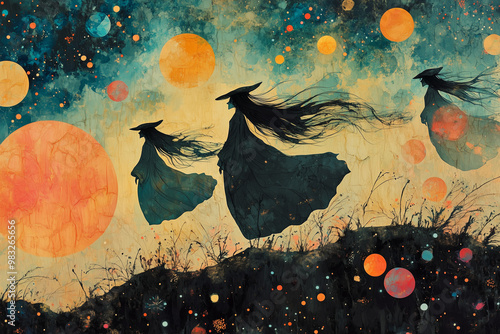 Witches with long hair flying in the moon night