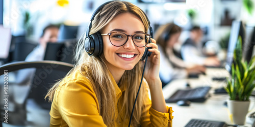 Servicefachkraft im Dialogmarketing telefoniert in modernem Callcenter