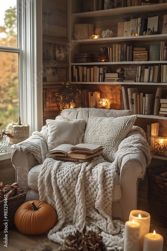 Cozy autumn reading nook with armchair, blanket, candles, and a bookshelf. Concept of home comfort and relaxation