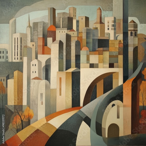 Cubist cityscape with geometric buildings in warm, earthy tones.