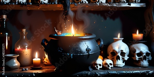 Halloween theme illustrated room setting with a cauldron, human skulls, potion bottles, dark moody lighting