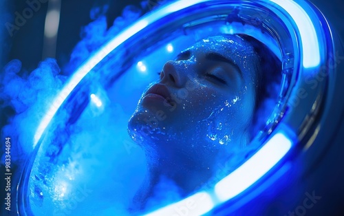 Woman in a luxury cryogenic pod with blue LED lighting, experiencing futuristic skincare treatment in a serene, high-tech environment