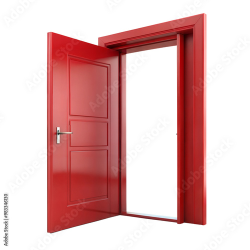 A vibrant red door stands open against a black background, symbolizing opportunity and imagination, inviting viewers to explore new possibilities.