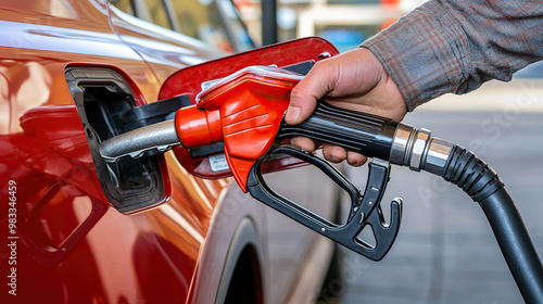 man hand holding a gas pump nozzle and filling up a car at the station is using a fuel benzin