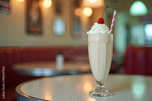 Creamy vanilla milkshake with cherry and whipped cream in retro diner setting