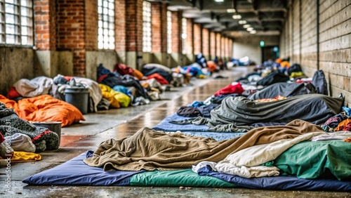 Interior of a homeless shelter with bedding and sleeping bags, authentic societal scene, focus on living conditions