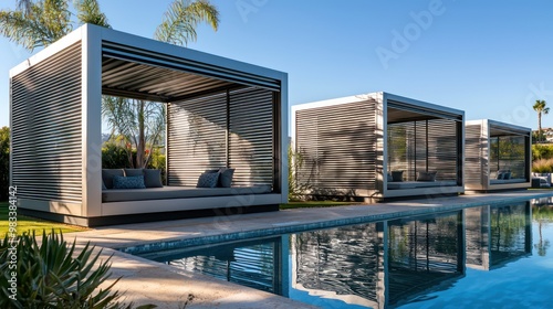 A series of luxury poolside cabanas made from aluminum siding, designed to reflect the sunlight and provide a cooling, private space for guests