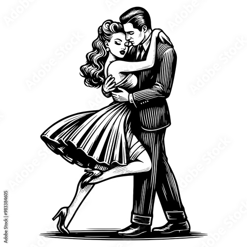 couple dancing closely, elegant and romantic embrace in vintage attire sketch engraving generative ai fictional character PNG illustration. Scratch board imitation. Black and white image.