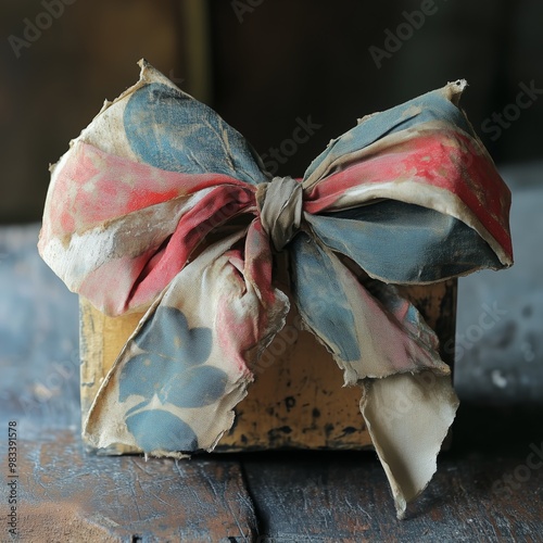 A completely tattered gift bow. A slightly charred and old gift bow.