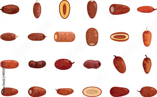 Set of dates fruit icons in flat style showing different sorts of dates, whole, halved, pitted