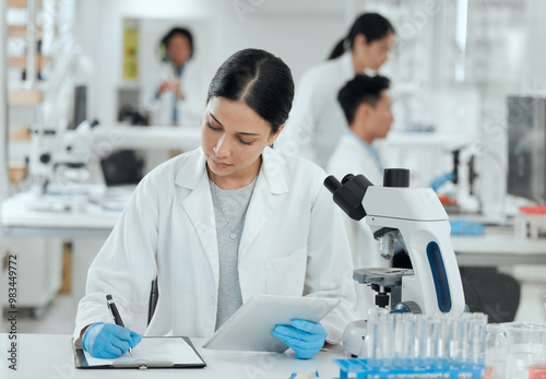 Writing, checklist or woman in laboratory for science breakthrough, clinical trial or discovery. Notes, medical exam or scientist with checklist for vaccine research, mpox cure or disease development