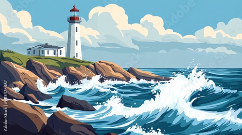 A lighthouse on a rocky coastline with waves crashing in the ocean.