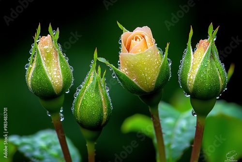 Rose buds in morning dew, photographed with a soft-focus lens, creating a dreamy, ethereal effect