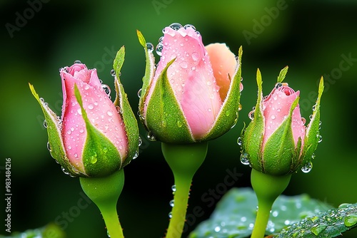 Rose buds in morning dew, with droplets clinging to the petals, softly illuminated by the first light of day