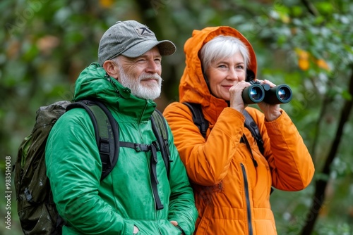 Senior couple watching birds with binoculars, enjoying a peaceful day of birdwatching in nature