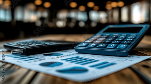 a Calculator and statistical charts on a desk, emphasizing business analysis and financial planning.