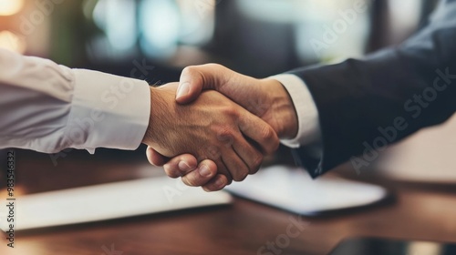 A businessperson shaking hands with a client, sealing a deal with smiles and firm handshakes.