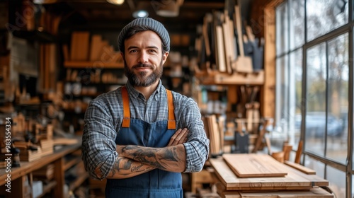 A confident young woodworker stands proudly with arms crossed in his workshop. He wears a checkered shirt, apron, and beanie, showcasing a blend of craftsmanship and modern style.