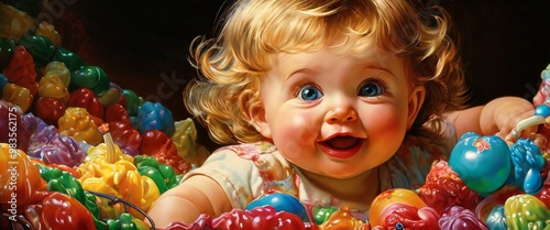 A cheerful baby with bright blue eyes and curly hair, surrounded by colorful toys. The vibrant colors and the baby's joyful expression evoke a sense of innocence, happiness, and playfulness, perfect