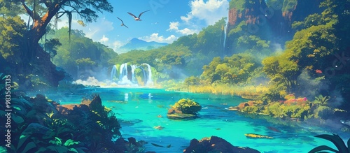 Vibrant landscape painting featuring a panoramic view of lush wetlands and navigable lagoons in a tropical rainforest A stunning representation of nature s beauty