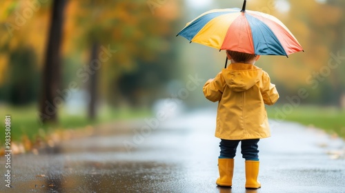 A young child in a yellow raincoat and boots stands under a multicolored umbrella on a rain-soaked street, surrounded by autumn trees and fallen leaves, adding a whimsical charm.