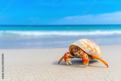 A hermit crab with a spiral shell crawls on a sandy beach with the ocean and blue sky in the background